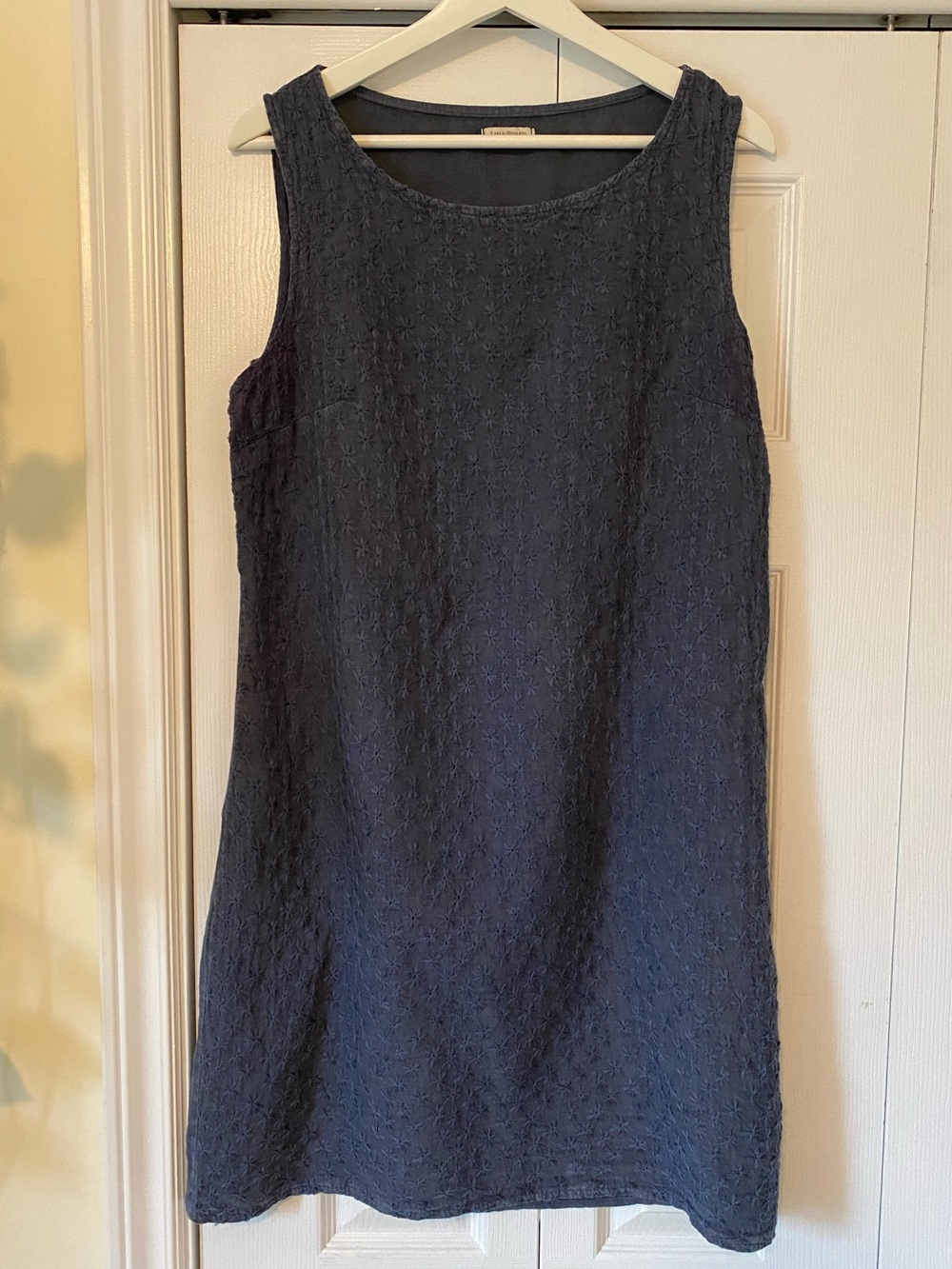 Lina Tomei Italy 100% Linen embroidered shift dress Indigo blue Size Large